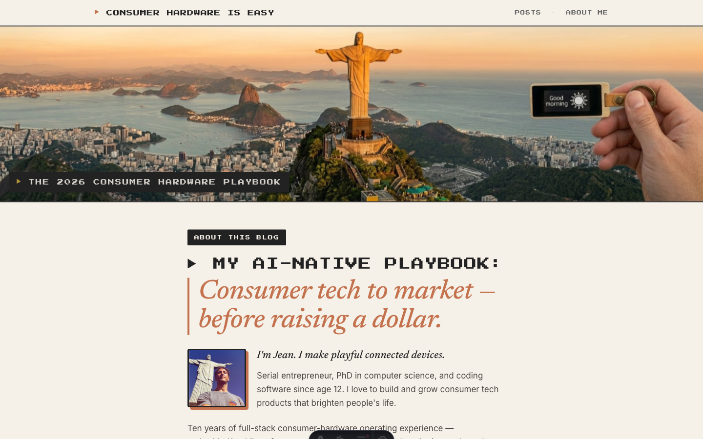 Screenshot of jeangregoire.com — the blog homepage with the Rio cover banner and the 'MY AI-NATIVE PLAYBOOK' hero.