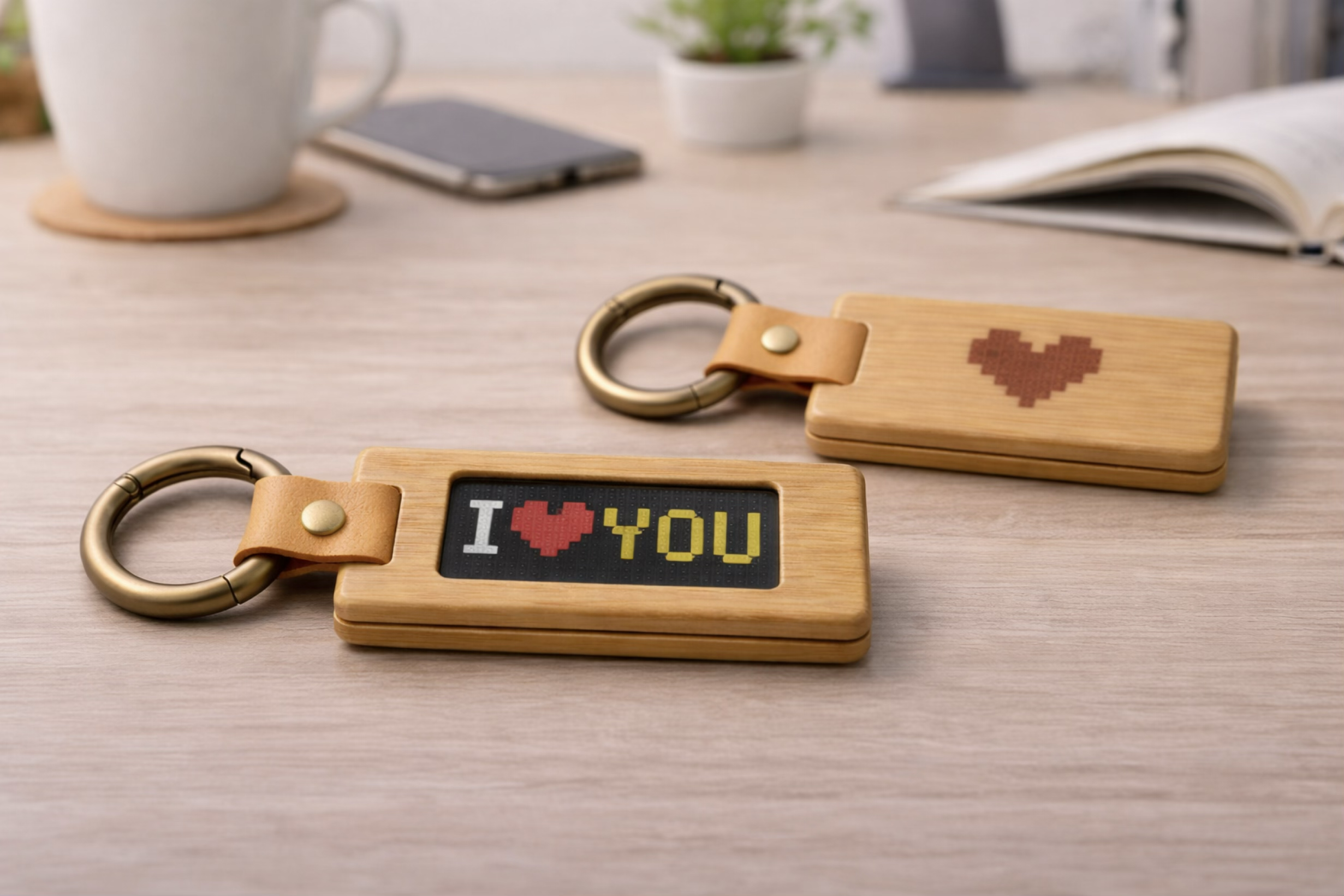 A photoreal Nano Banana 2 render of the KEEP bamboo keychain with an e-ink screen, used as the mechanical design brief.