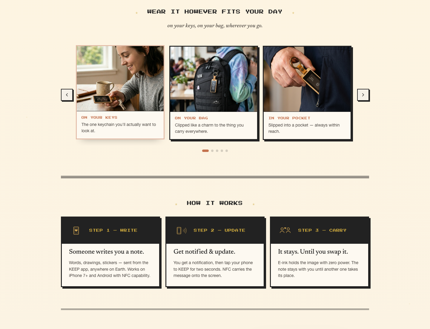 The middle section of the live KEEP landing page — 'WEAR IT HOWEVER FITS YOUR DAY' lifestyle slider and 'HOW IT WORKS' three-step explanation, both with pixel-font section headers.