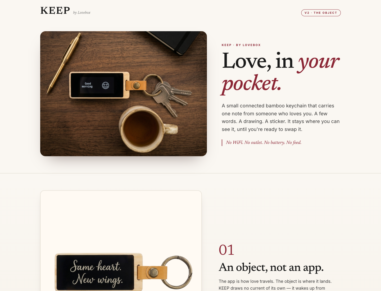 The Pocket Object variant of the landing page — studio shot of the KEEP bamboo keychain on a wooden desk next to a coffee mug, with the headline 'Love in your pocket.'